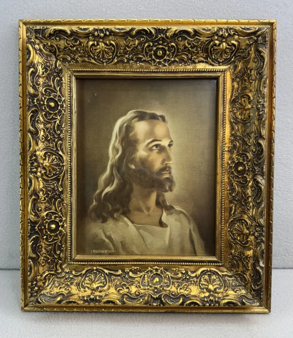 Vintage Jesus Portrait Print Ornate Gold Frame Christian Religious Wall Art